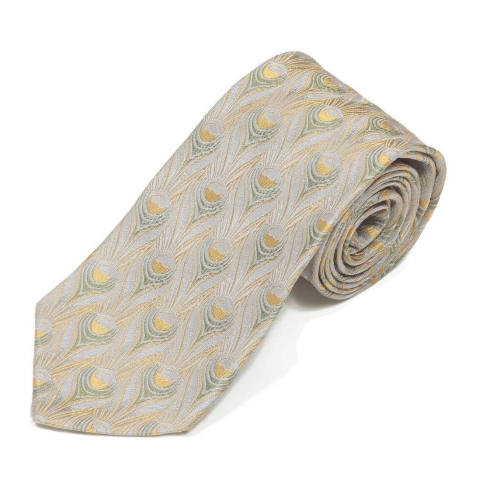 METROPOLITAN MUSEUM OF ART Peacock Feather Gray Gold Green Men's Silk Neck Tie